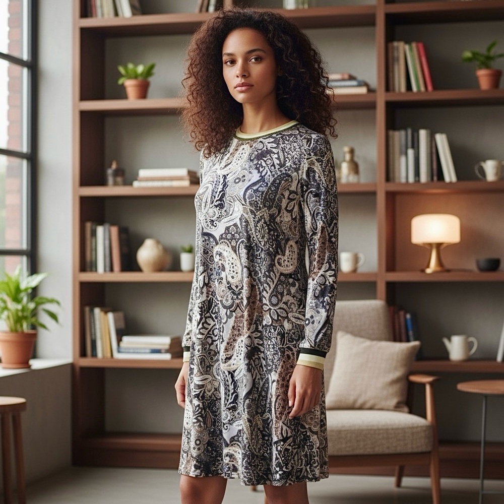 Prelude Paisley Pattern Metallic Speckled Stripe Knit Crew Neck Cuff Shift Dress